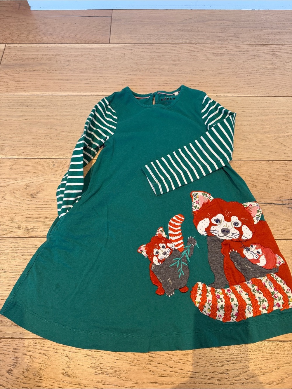 Boden Green Striped-Sleeve Dress with Red Panda Appliqué